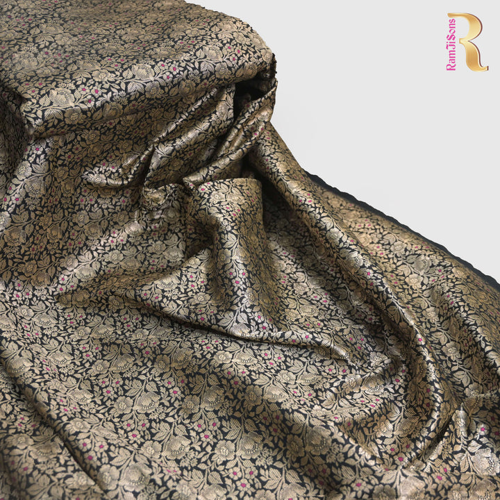 Jet Black Silk Meena Zari Brocade | B-22-190
