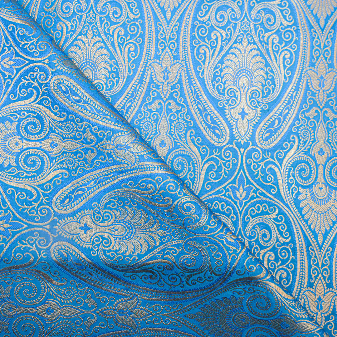 Sky Blue Gold Paisley Brocade Fabric.| 100-23-117