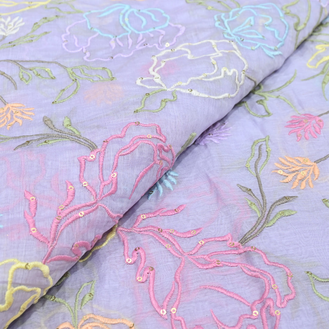Lavender Mul Chanderi Fabric with allover Thread Embroidery.