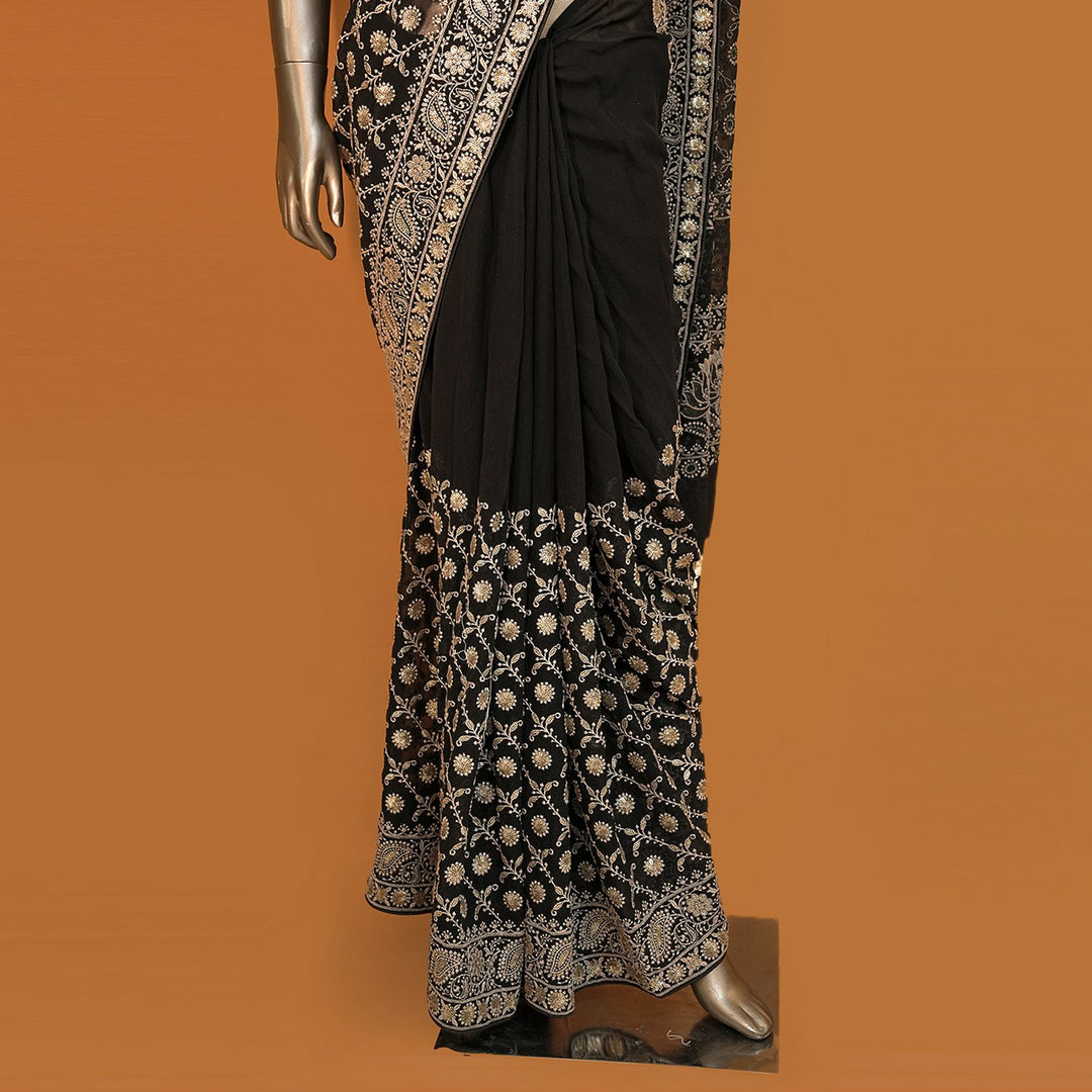 Black Georgette Sequins With Thread Work Saree