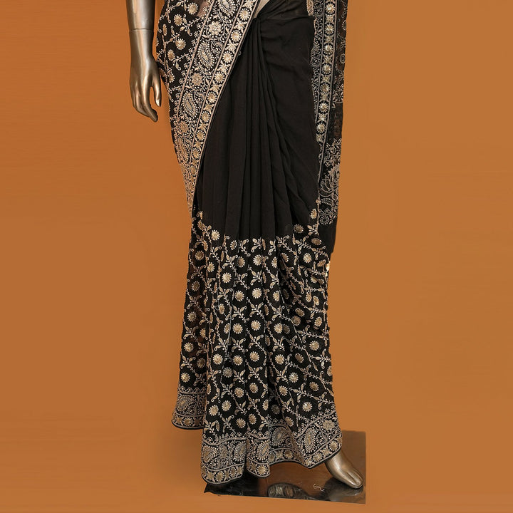 Black Georgette Sequins With Thread Work Saree