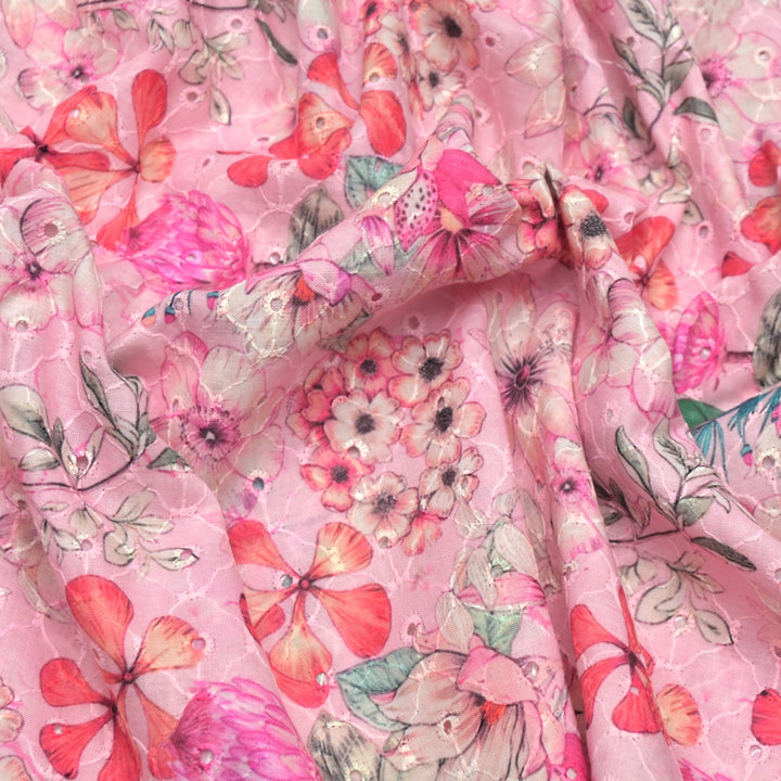 Floral Digital Print Cotton Chikan Embroidery Fabrics