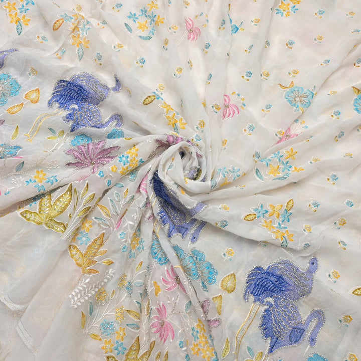 Multi thread and pearl sequin embroidery fabric on viscose organza