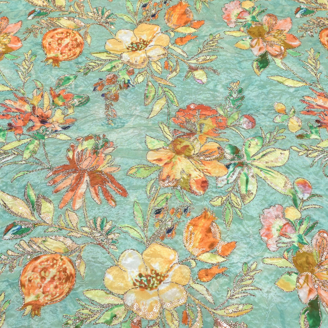 Beautiful Designer Crepe Position Prints, Zari & Sequin Embroidery Fabrics