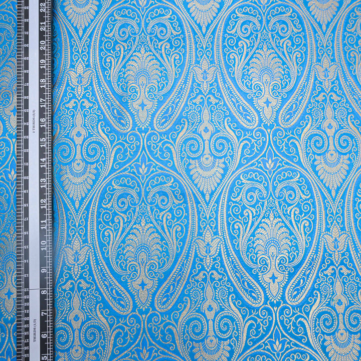 Sky Blue Gold Paisley Brocade Fabric.| 100-23-117