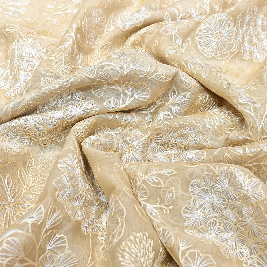 Beige Color Mul Chanderi Thread Embroidery Fabric – Soft Lightweight Designer Fabric- SW02421-1