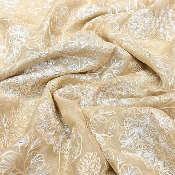 Beige Color Mul Chanderi Thread Embroidery Fabric – Soft Lightweight Designer Fabric- SW02421-1