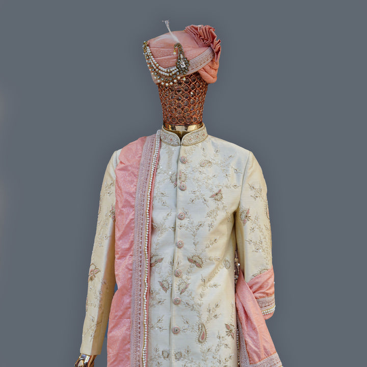 White Raw Silk Sherwani Set in Handwork Embroidery