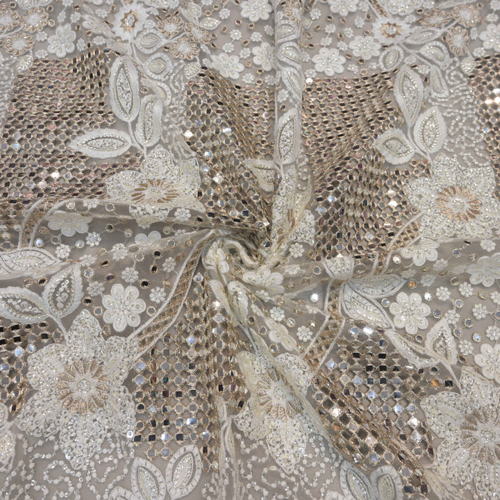 Pure White Imported Net Fabric with Mirror, Sequins & Cutwork Embroidery
