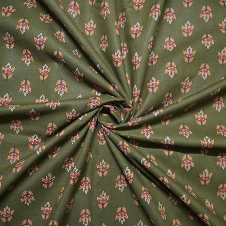Mehendi Green Cotton Fabric with allover Leaf Butti Print