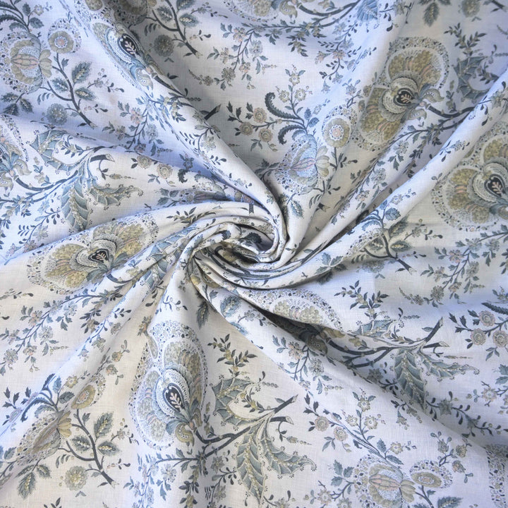 Off-White Traditional Floral Printed Pure Linen Fabric