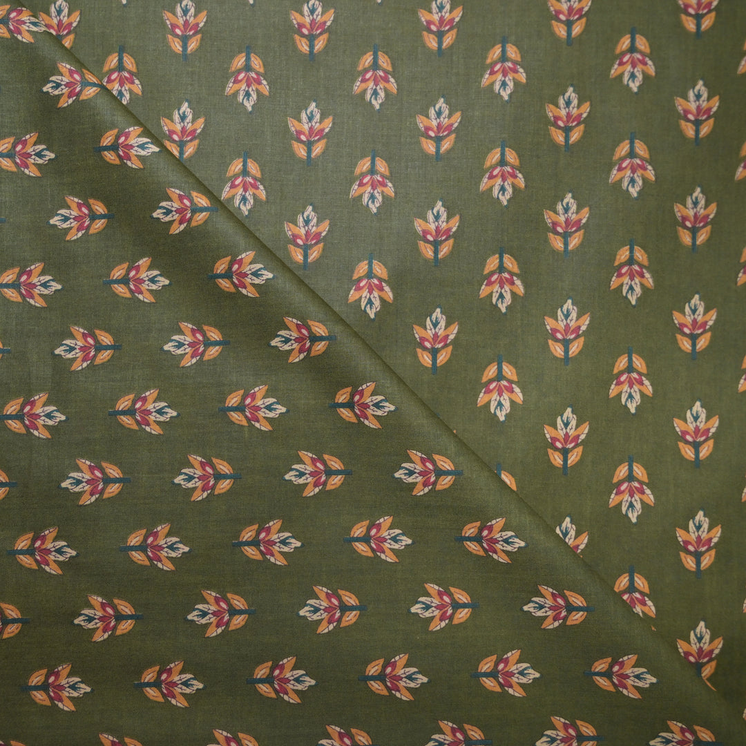 Mehendi Green Cotton Fabric with allover Leaf Butti Print
