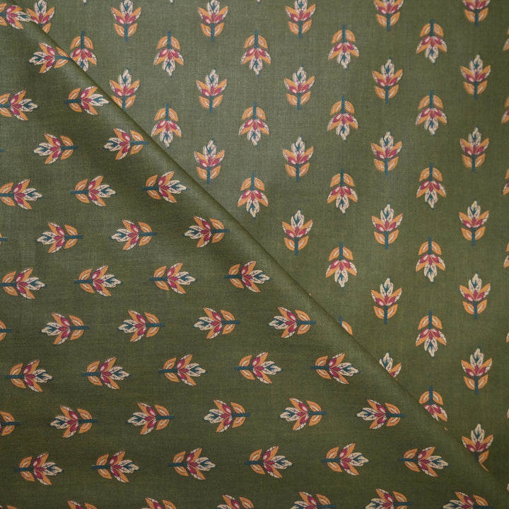 Mehendi Green Cotton Fabric with allover Leaf Butti Print