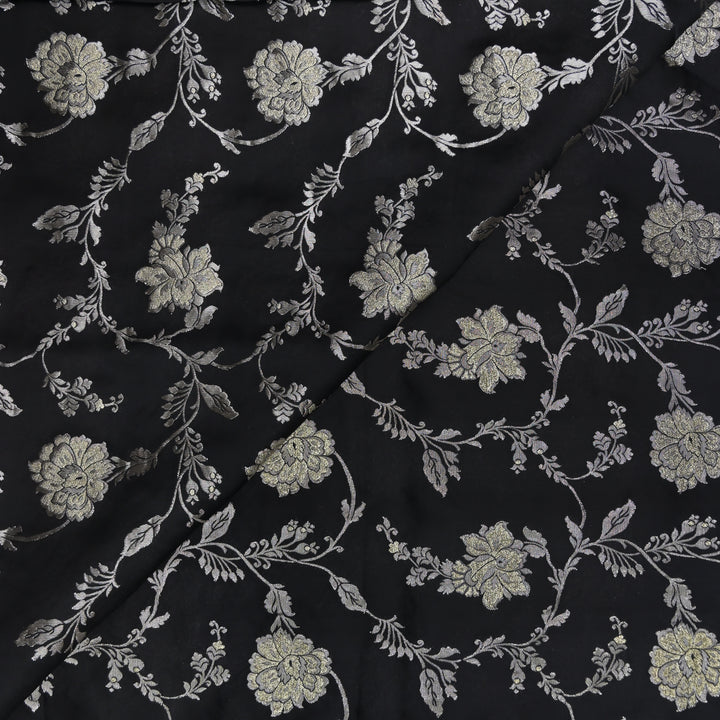 Black Satin Brocade with allover Floral Embroidery