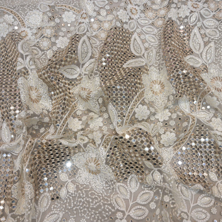 Pure White Imported Net Fabric with Mirror, Sequins & Cutwork Embroidery