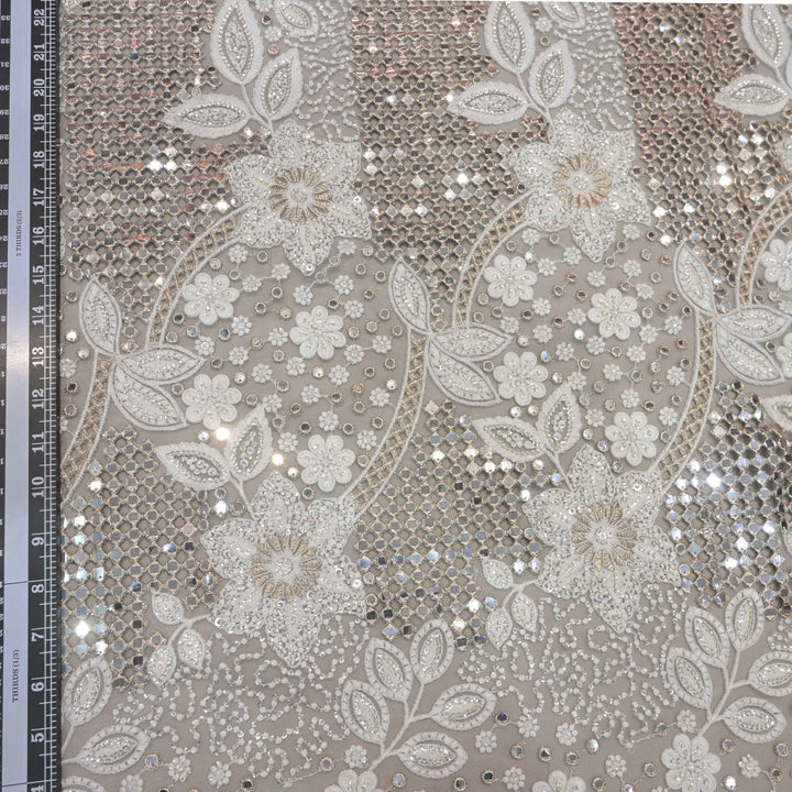 Pure White Imported Net Fabric with Mirror, Sequins & Cutwork Embroidery