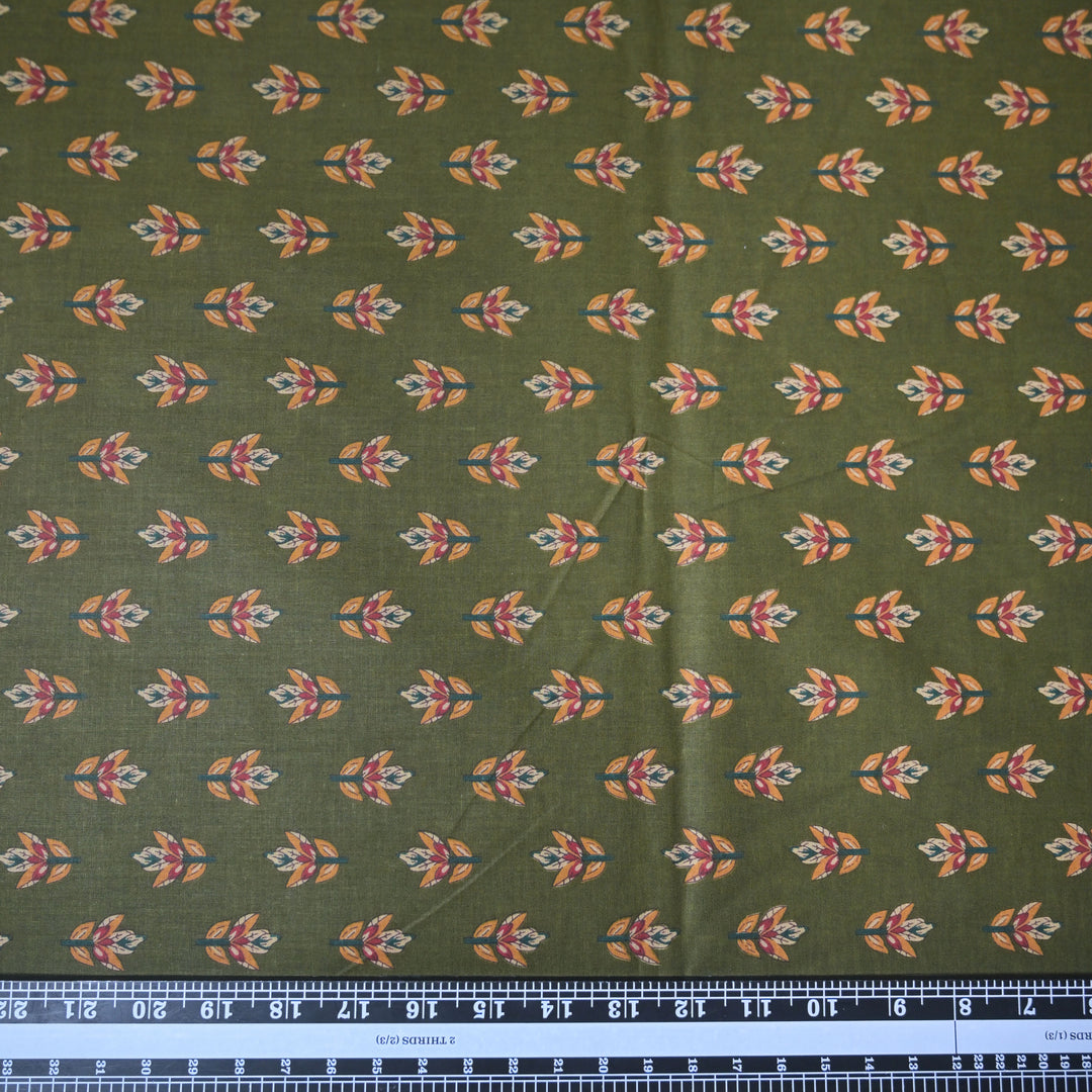 Mehendi Green Cotton Fabric with allover Leaf Butti Print