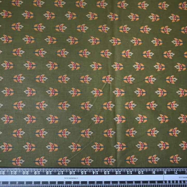 Mehendi Green Cotton Fabric with allover Leaf Butti Print