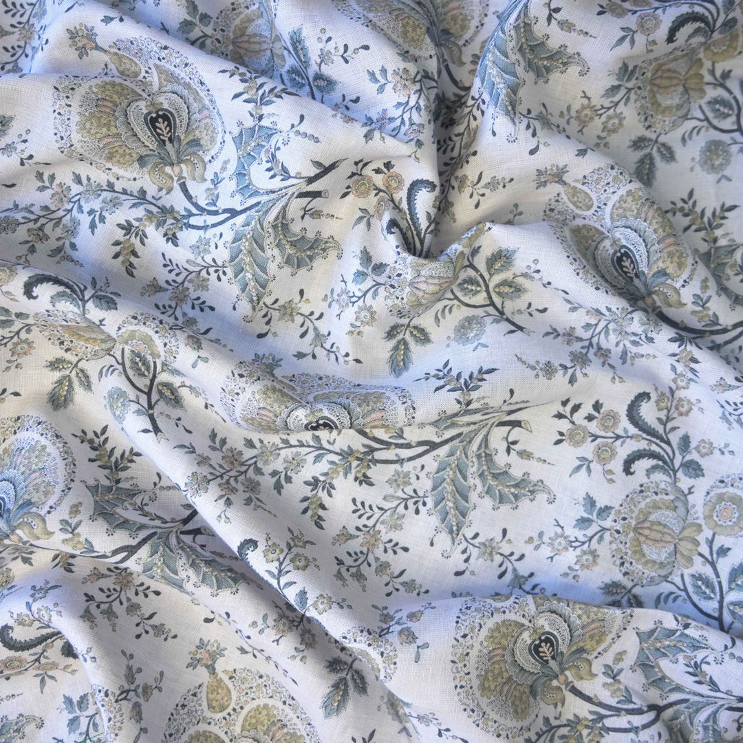 Off-White Traditional Floral Printed Pure Linen Fabric