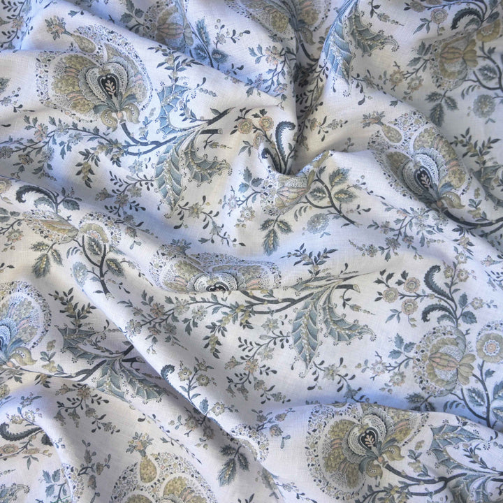 Off-White Traditional Floral Printed Pure Linen Fabric