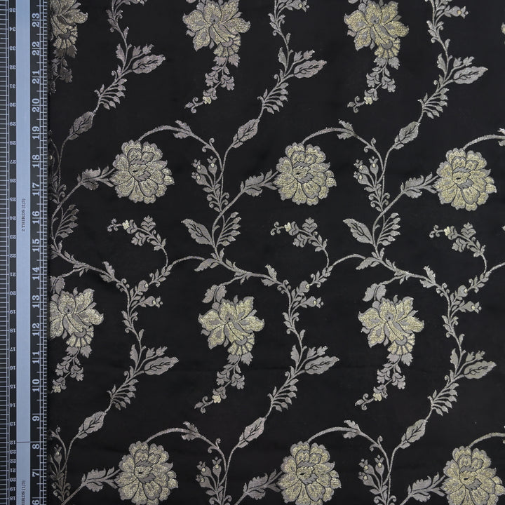 Black Satin Brocade with allover Floral Embroidery
