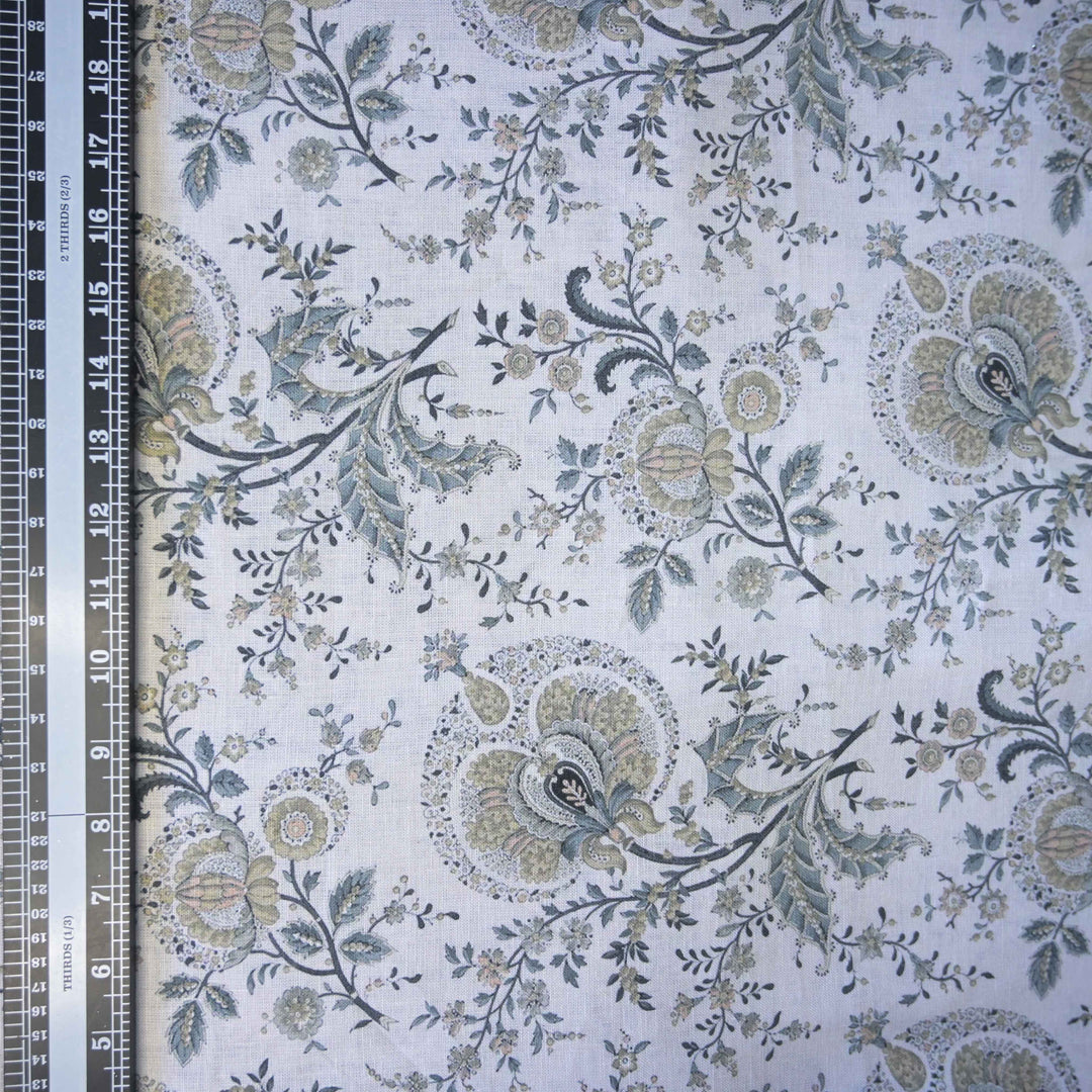 Off-White Traditional Floral Printed Pure Linen Fabric