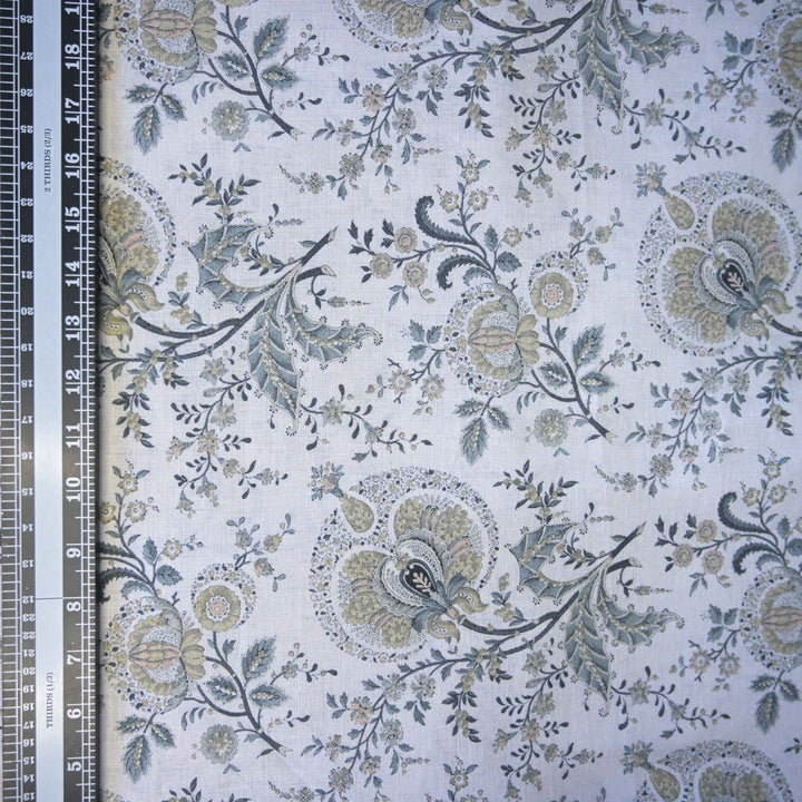 Off-White Traditional Floral Printed Pure Linen Fabric