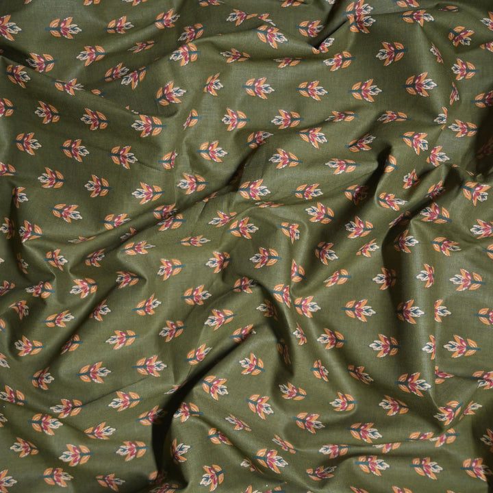 Mehendi Green Cotton Fabric with allover Leaf Butti Print