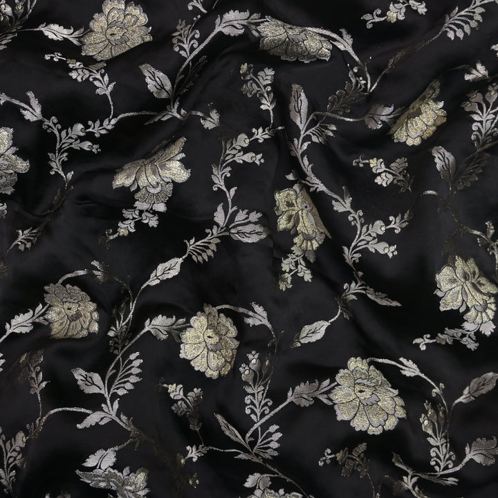 Black Satin Brocade with allover Floral Embroidery