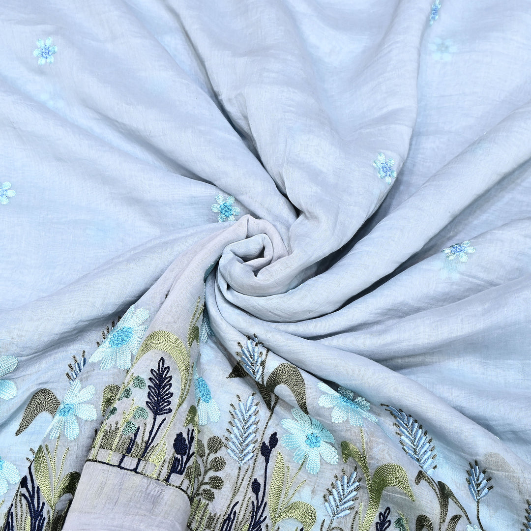 Mul Chanderi Floral Thread Embroidery Fabric – Soft Breathable Designer Fabric- V1659C-1