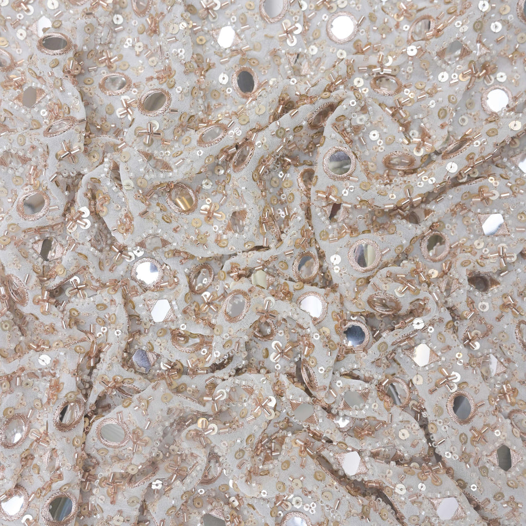 White Georgette Fabric with allover Mirrorwork, Beadwork & Sequins | 54642