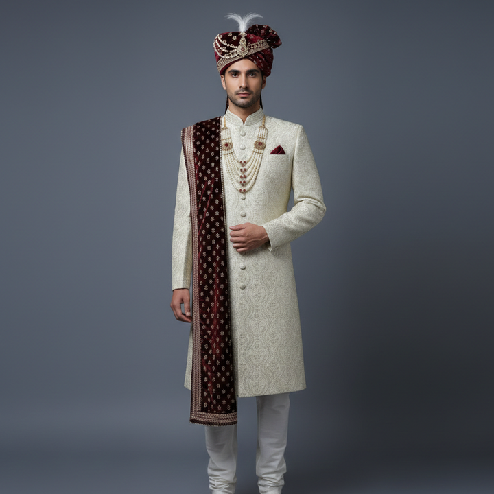 Pure White Sherwani Set with allover Zari & Sequins Work | Premium Wedding Wear