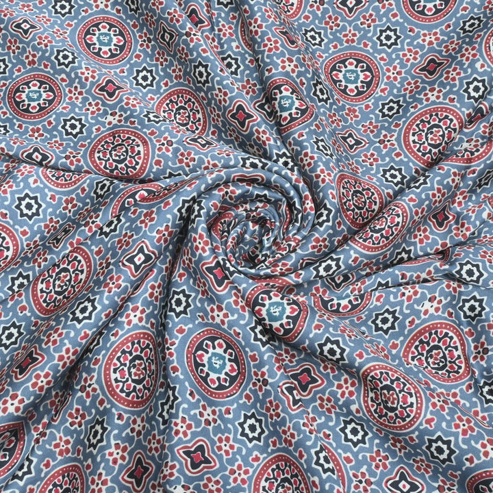 Multi Color Modal Satin, Grey Blue base Digital Print Fabrics