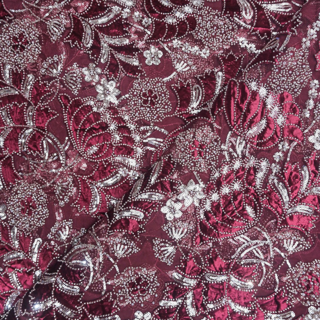 Imported Net Cutdana Sequins With Velvet Patchwork Embroidery Fabrics-24T75M