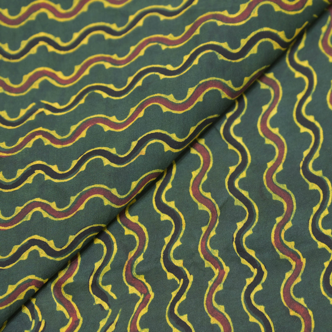 Bottle Green Modal Satin Fabric in Wavy Digital Print