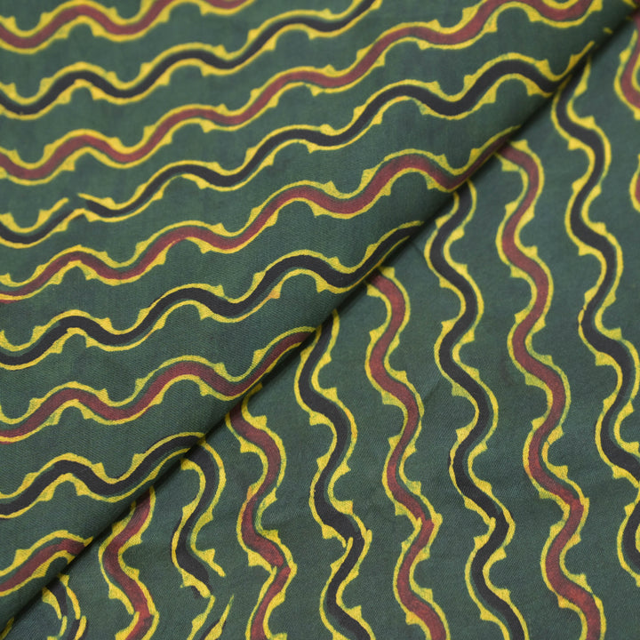 Bottle Green Modal Satin Fabric in Wavy Digital Print