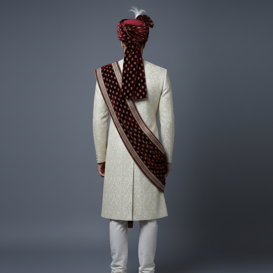 Pure White Sherwani Set with allover Zari & Sequins Work | Premium Wedding Wear