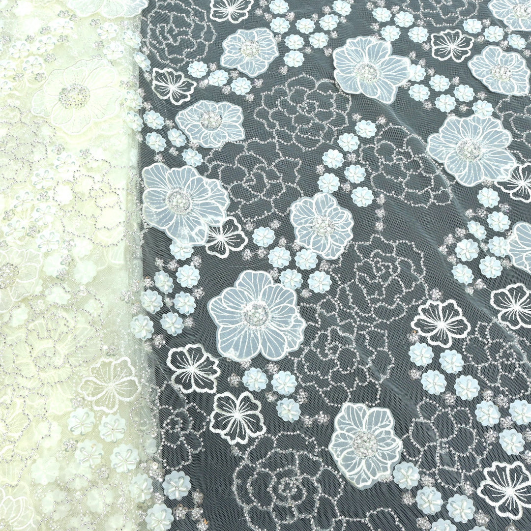 Cut dana and sequin heavy embroidered fabric with 3D flower on imported net
