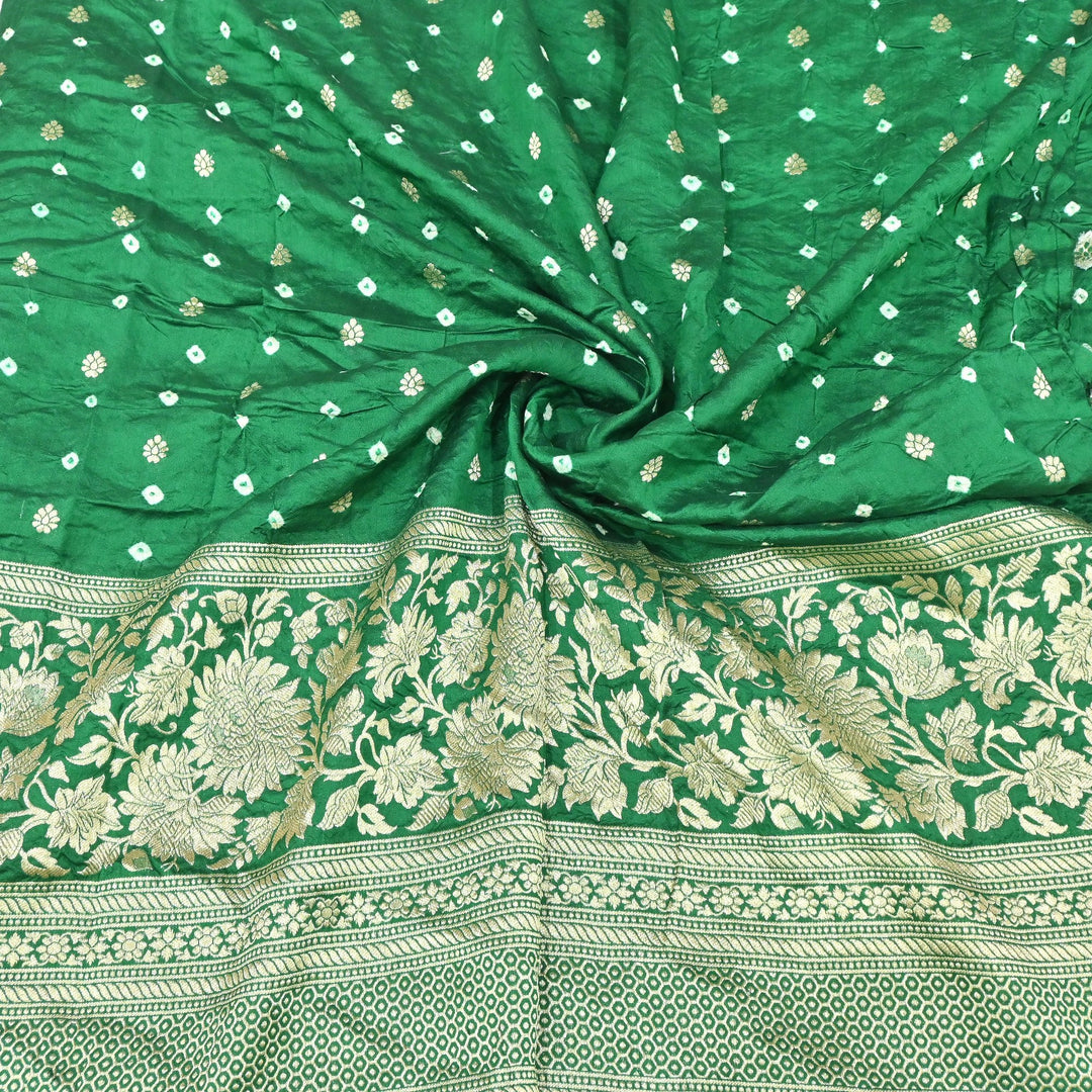 Exclusive Heavy Zari Botti Work And Premium Border Hand Work On Pure Silk Bandhani Fabric