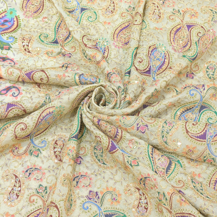 Viscose Chinon Position Print with Zari & Sequins Embroidery