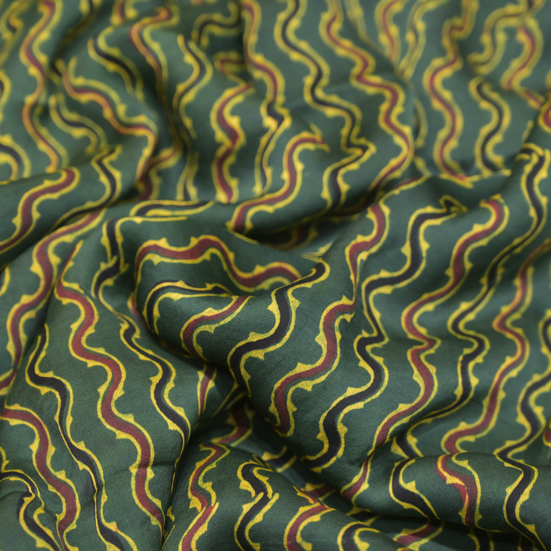 Bottle Green Modal Satin Fabric in Wavy Digital Print