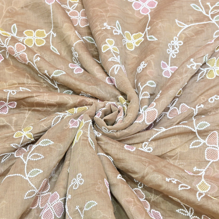 Sand Beige Premium Dyed Mul Chanderi With Thread Embroidery Fabric