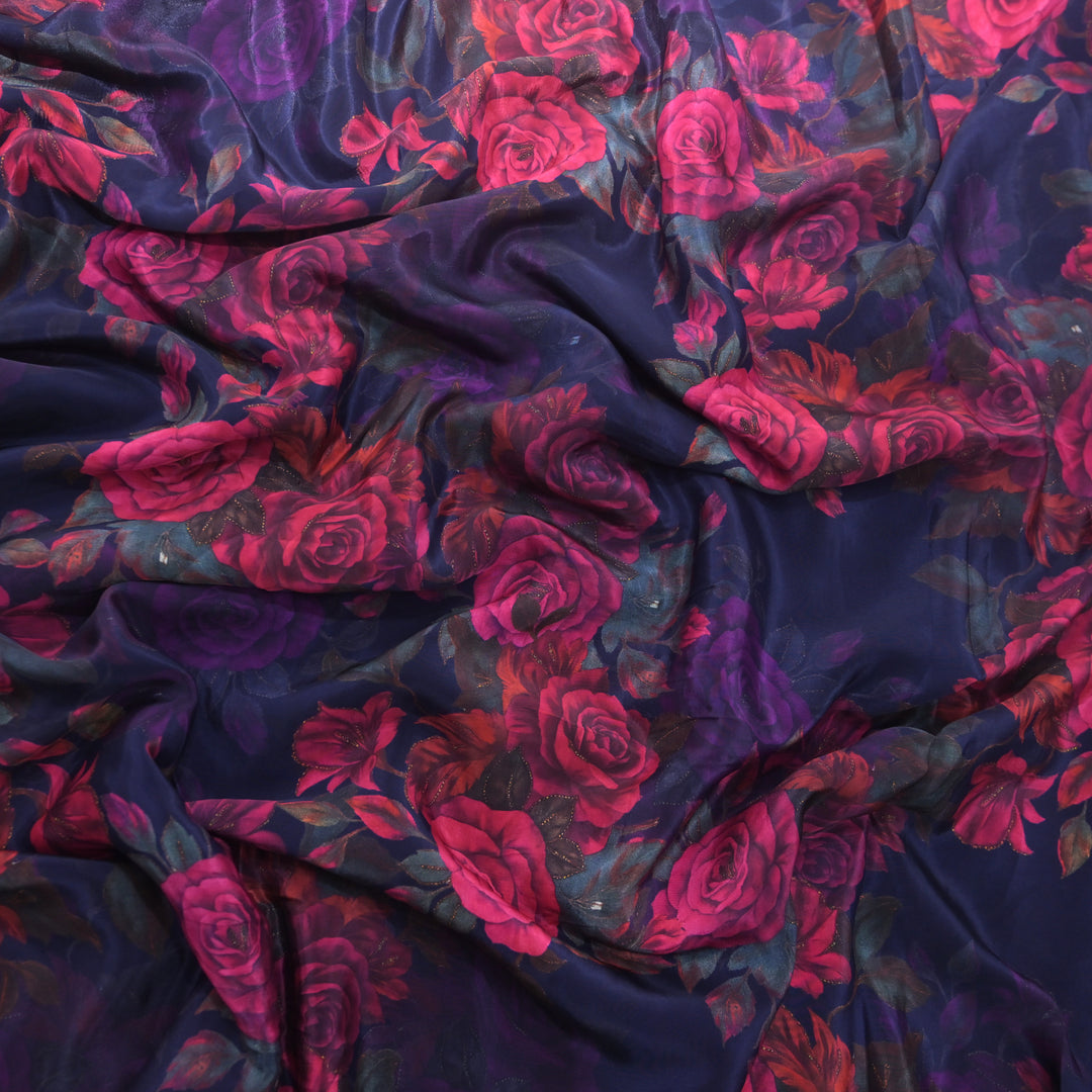 Navy Blue Floral Printed Crepe Fabric | 30-2691NB