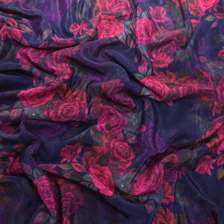 Navy Blue Floral Printed Crepe Fabric | 30-2691NB