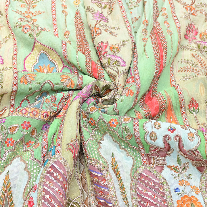 Premium Viscose Georgette Position Print Fabric With Zari Sequence Embroidery - Designer Ethnic Fabric-00P300-1