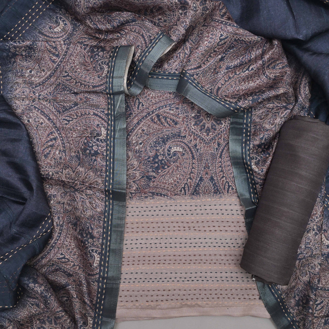 Midnight Blue Faux Tussar Silk Unstitched Suit Set