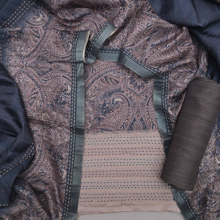 Midnight Blue Faux Tussar Silk Unstitched Suit Set