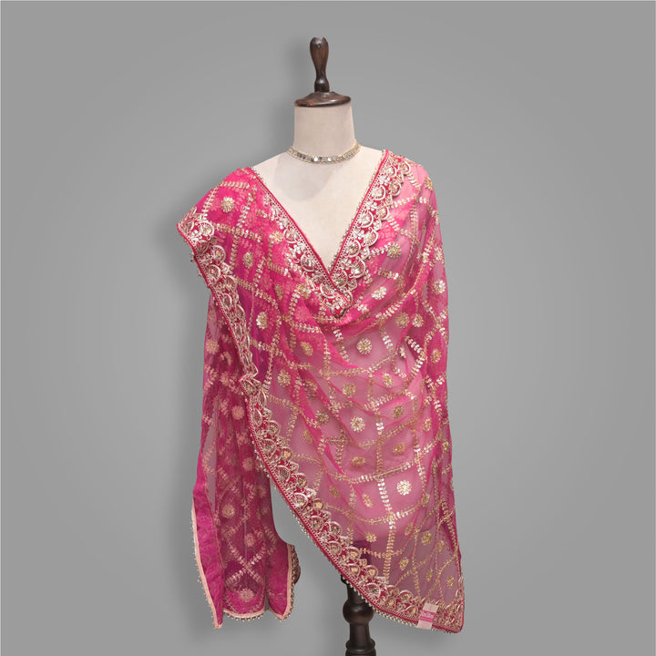 Magenta Bridal Net Dupatta with Zari Embroidery