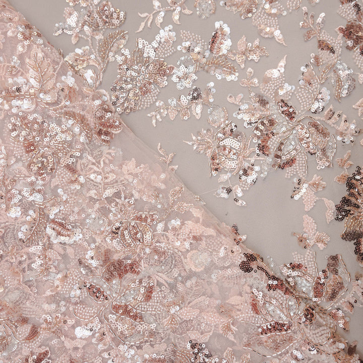 Beige Pink Net Fabric with allover Cutdana, Sequins Embroidery