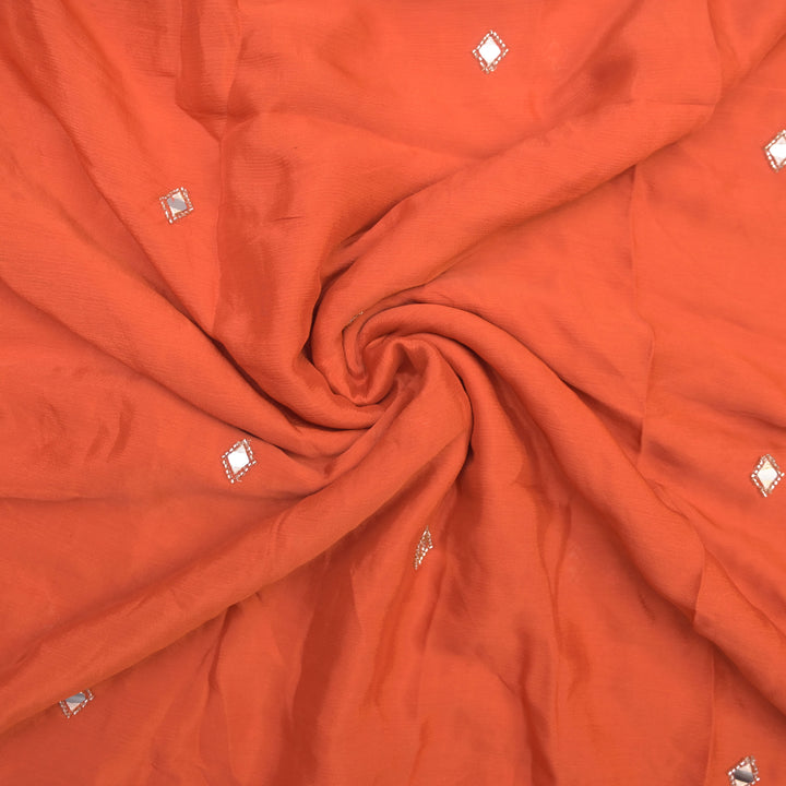 Orange Chinon-Chiffon Fabric with Mirrorwork Embroidery